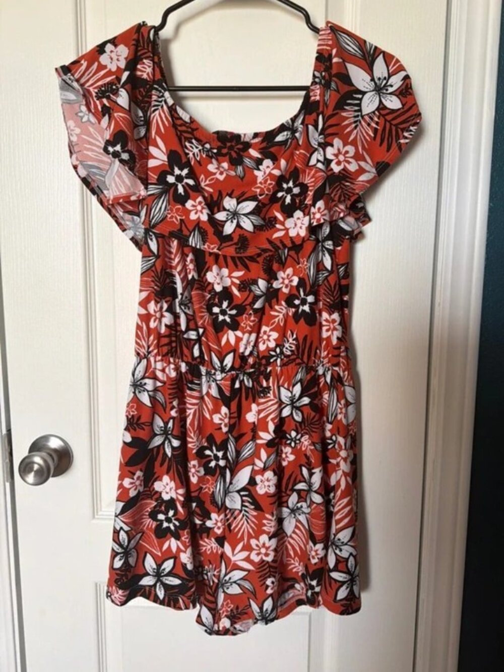 Tropical Floral Off-Shoulder Romper-Burnt Orange Black & White